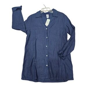 Vintage ICANTOO Button Front Tunic Long Sleeve Shirt 100% Linen Navy NWT